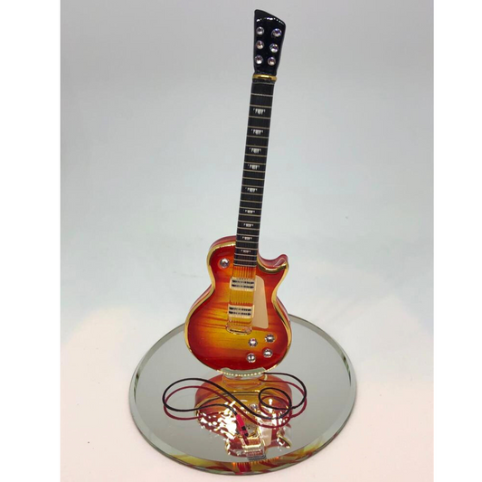 Handcrafted Classic Cherry Burst Guitar glass figurine with crystals and gold accents on mirror base
