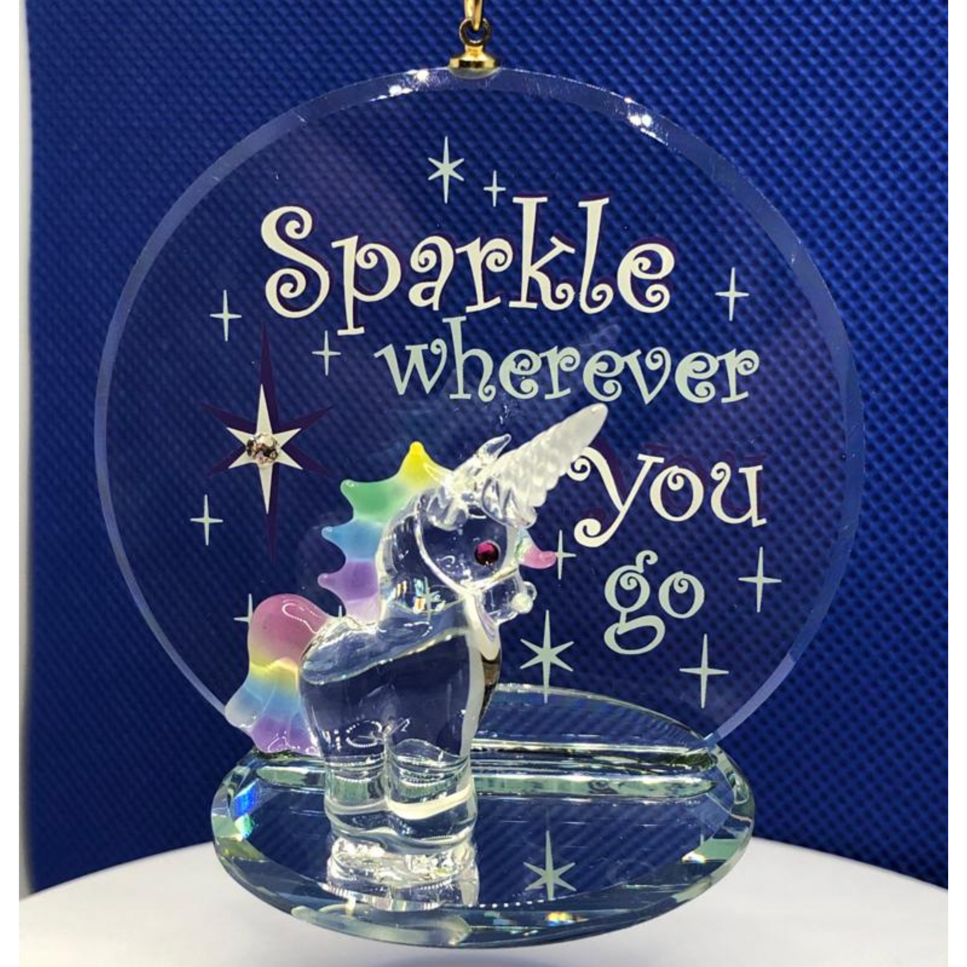Mini glass unicorn ornament with sparkle wherever you go message