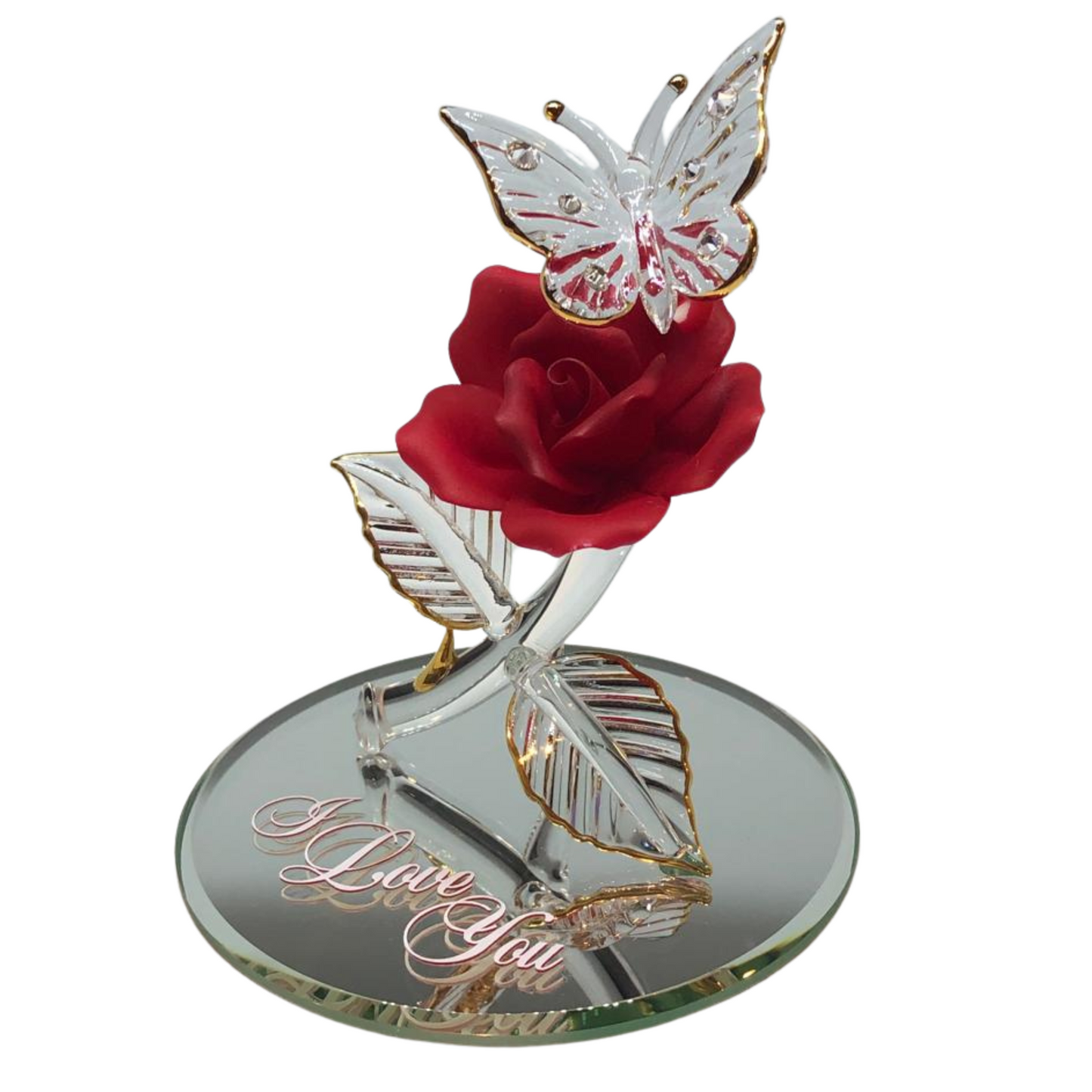 "I Love You" Butterfly with Red Rose Glass Figurine Gift