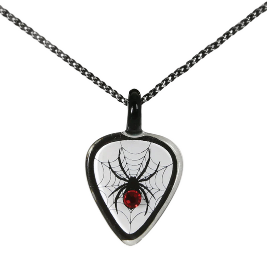 Black spider web guitar pick pendant necklace with red crystal accent on black cord