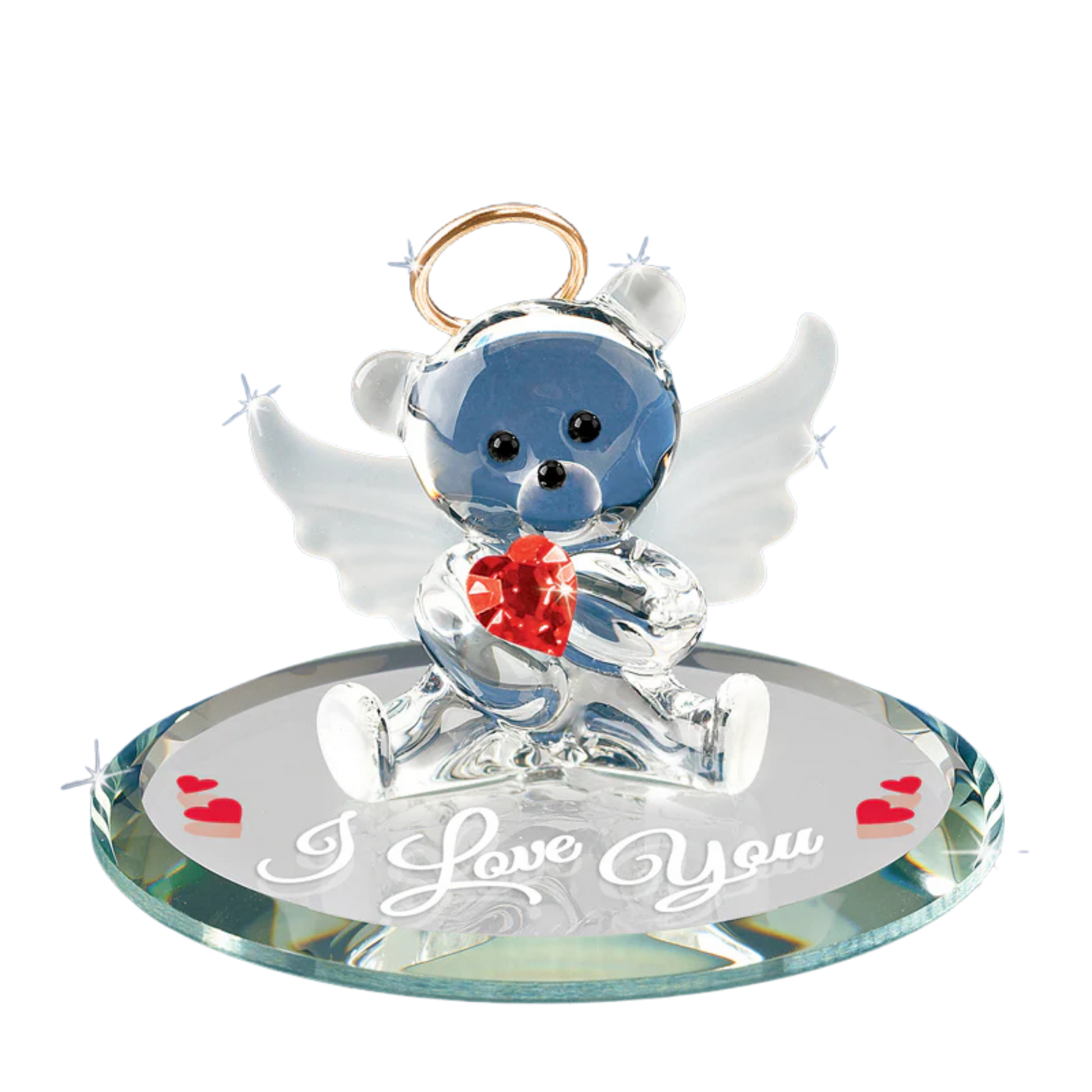 i love you bear figurine holding crystal heart on glass base romantic gift for her
