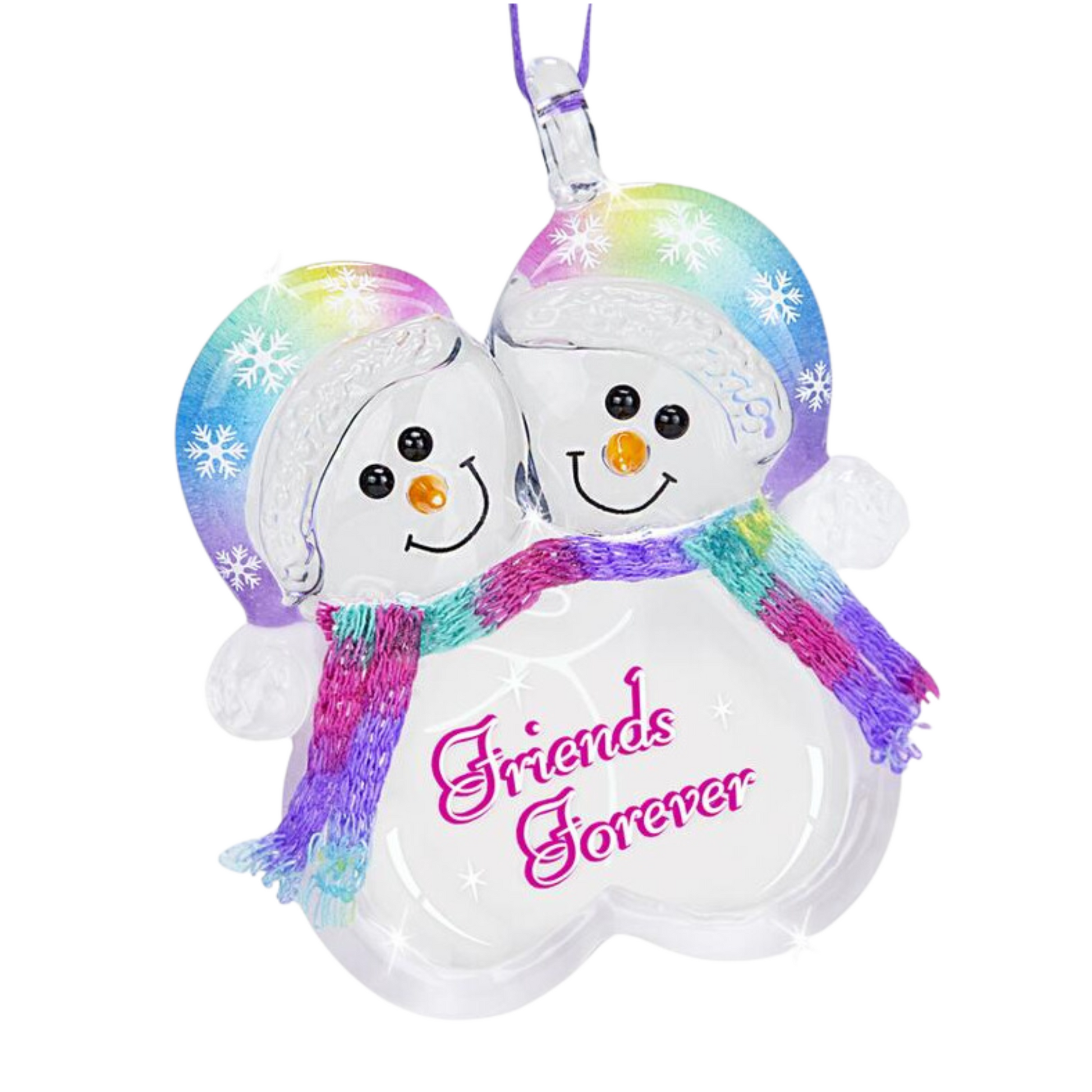 Handcrafted snowman friends ornament with “Friends Forever” message hanging from purple ribbon