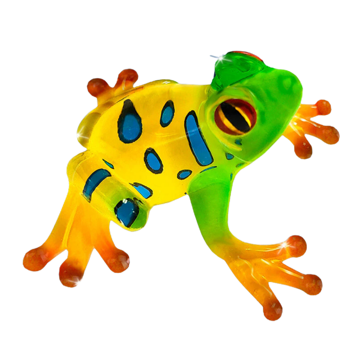 Green and yellow spotted glass frog figurine with orange-tipped toes