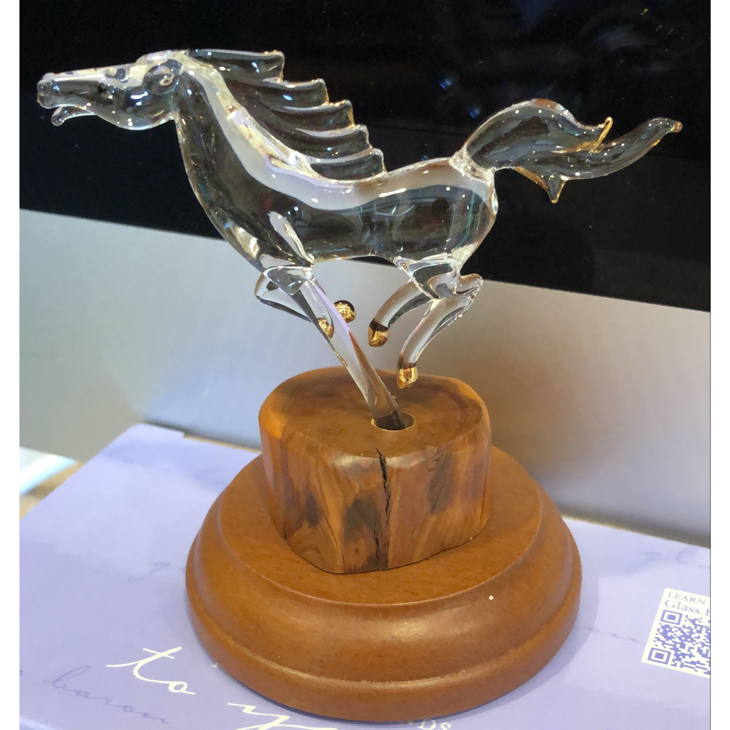Glass Horse Figurine Running Horse Sculpture Gift for Horse Lover | Equestrian Decor Wood Base