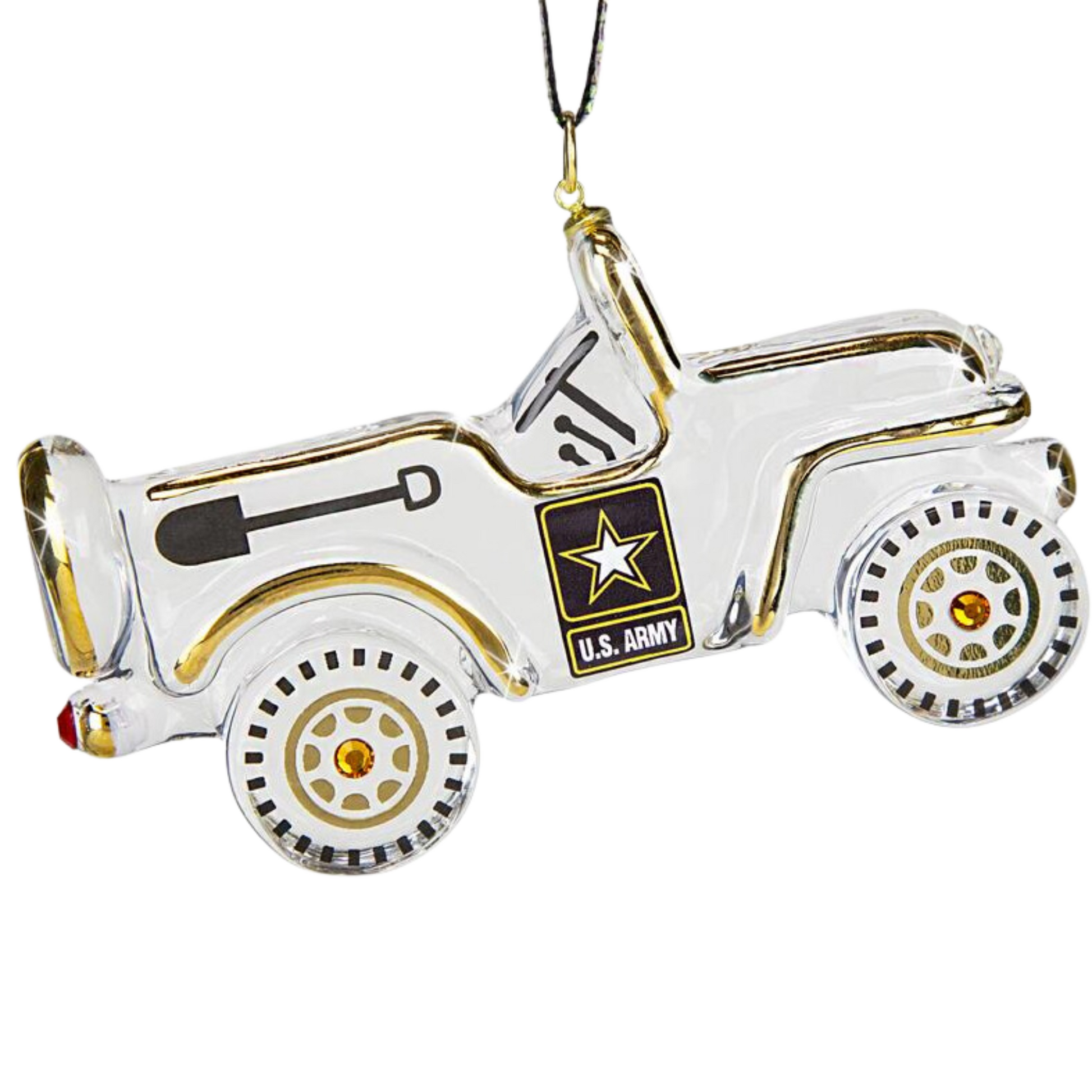 Official U.S. Army Jeep Christmas ornament with Army logo hanging from black ribbon