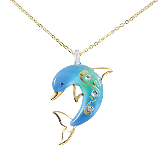 Turquoise Dolphin Necklace | Handcrafted Glass Pendant with Crystals & Gold Accents