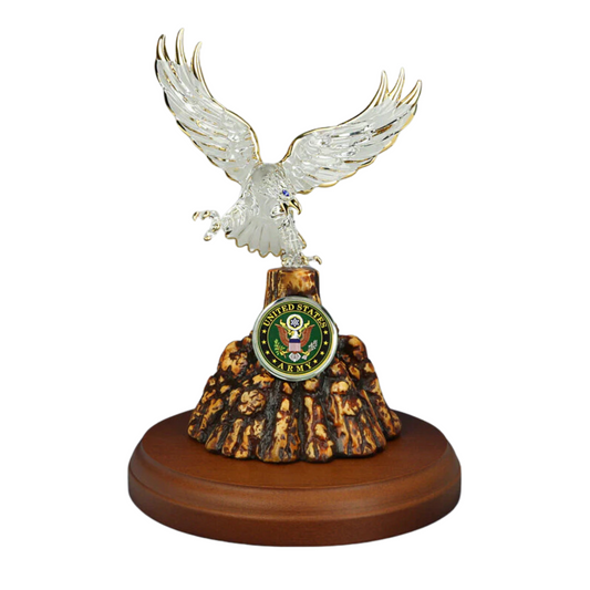 Official U.S. Army glass eagle statue mounted on solid walnut wood base with crystal and gold accents