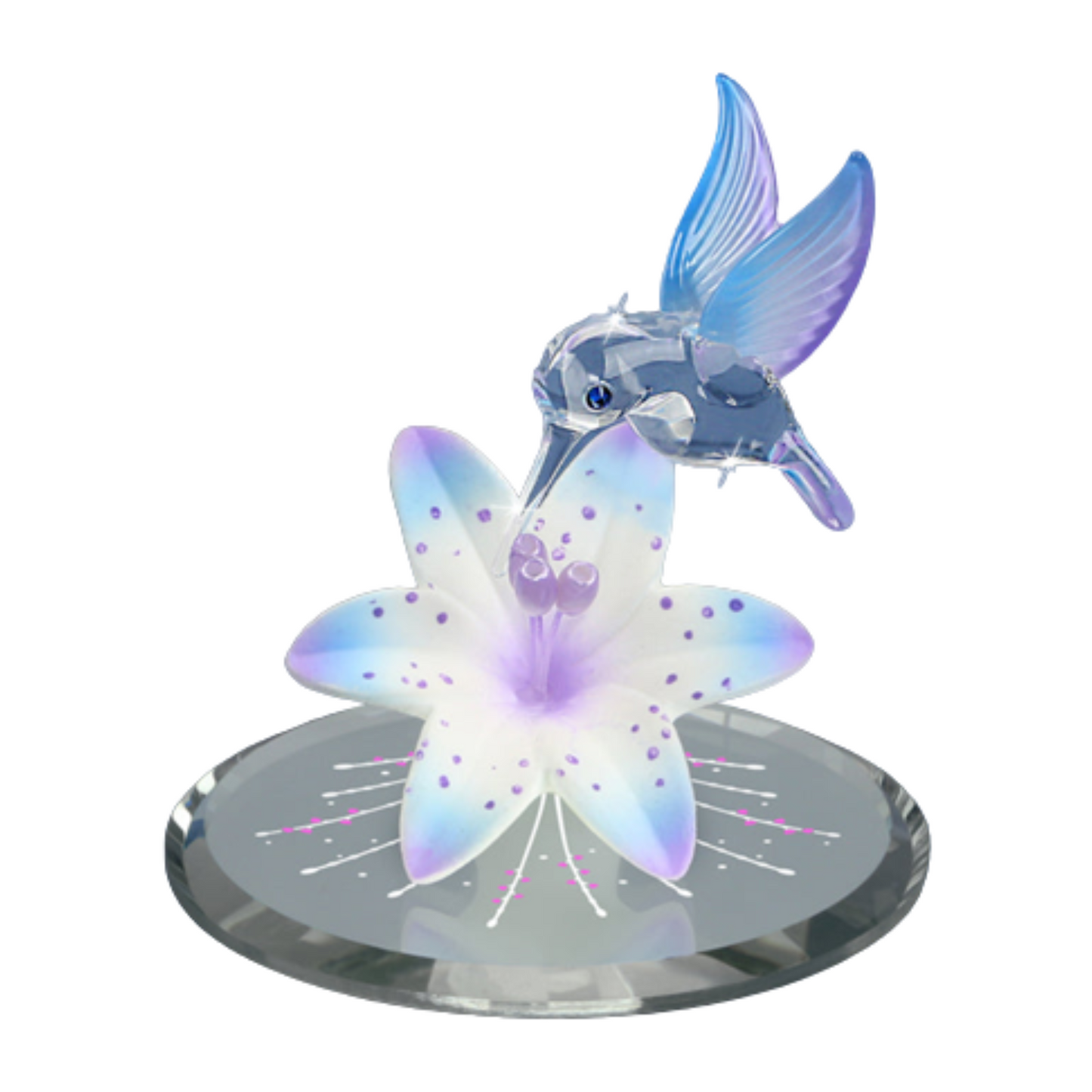 Handcrafted Glass Hummingbird with Blue Lily Figurine on Mirror