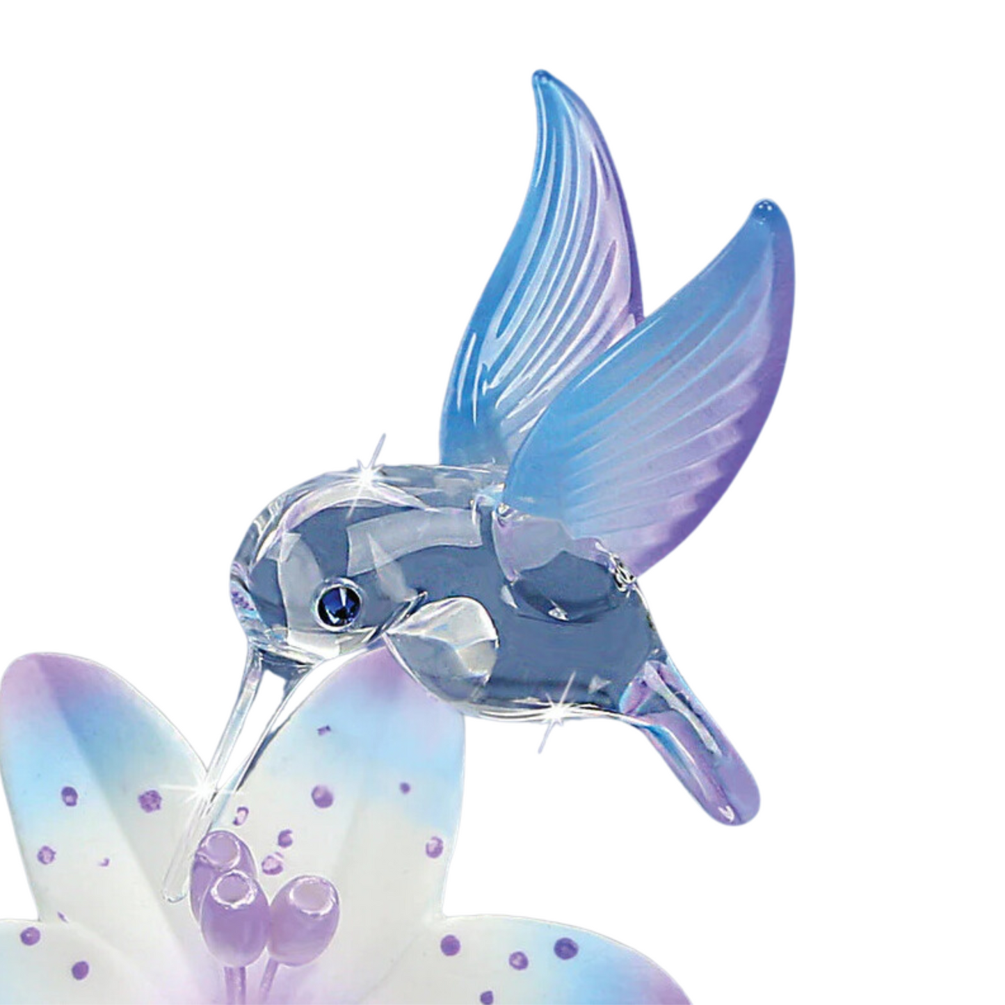 Handcrafted Glass Hummingbird with Blue Lily Figurine on Mirror