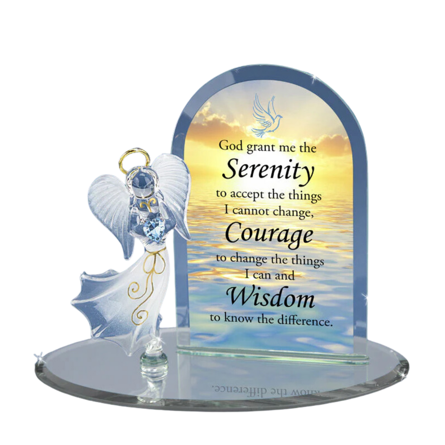 Handcrafted Glass Angel Figurine Serenity Prayer, Blue Crystal Heart Holiday Gift Home Decor