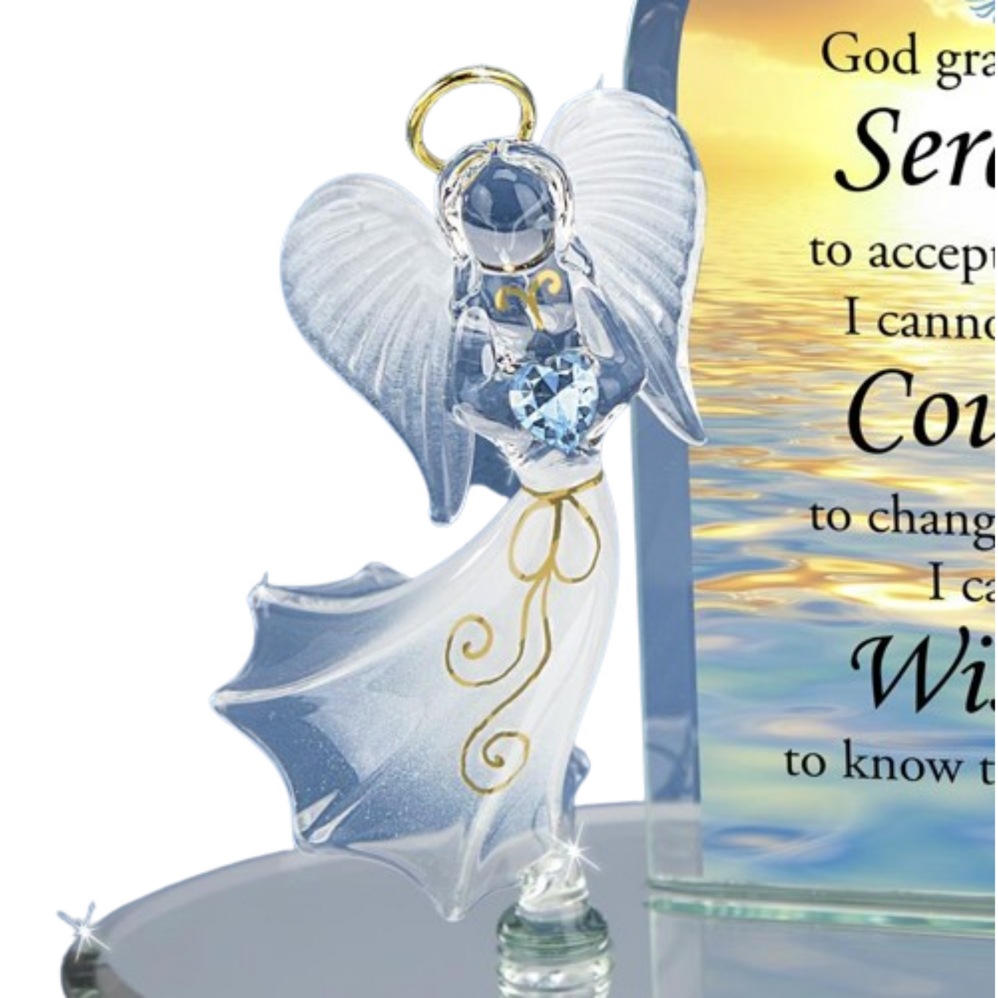 Handcrafted Glass Angel Figurine Serenity Prayer, Blue Crystal Heart Holiday Gift Home Decor