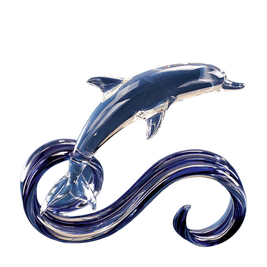 Handcrafted glass dolphin sculpture riding blue wave loops made from cobalt glass