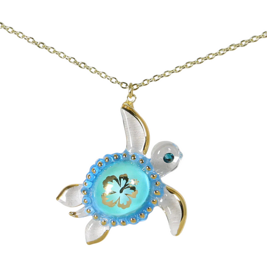 Aloha Sea Turtle Necklace with Crystals & Gold Flower Accent