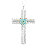 Glass Turquoise Heart Cross Christmas Ornament