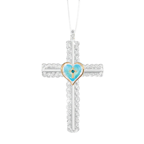 Glass Turquoise Heart Cross Christmas Ornament