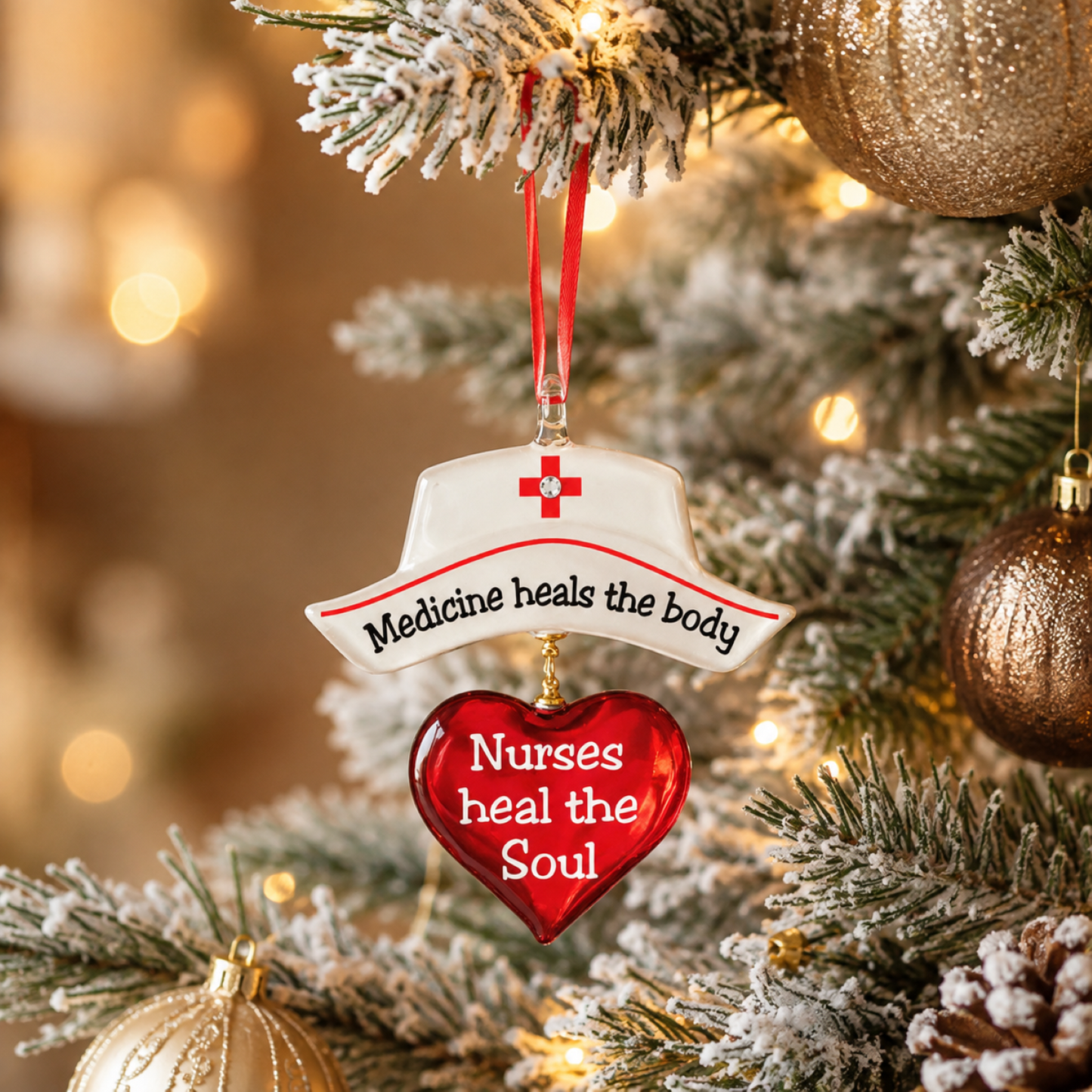 Handcrafted nurse glass ornament with genuine crystal accents and the message "Medicine Heals the Body, Nurses Heal the Soul" hanging from a red ribbon.