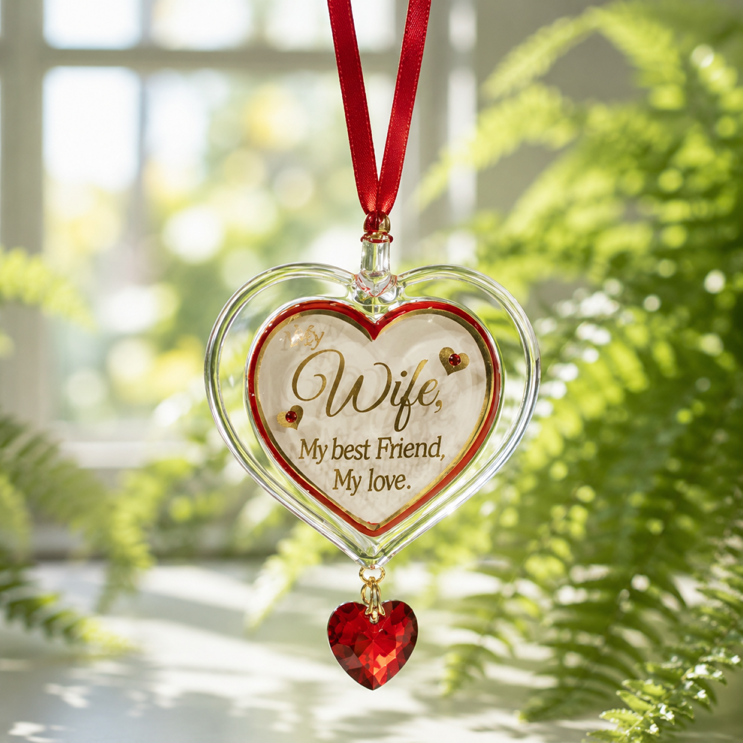 Handcrafted glass heart ornament with real 22Kt gold trim, ruby-red crystal accents, dangling red crystal heart, and engraved message "Wife, My Best Friend, My Love."