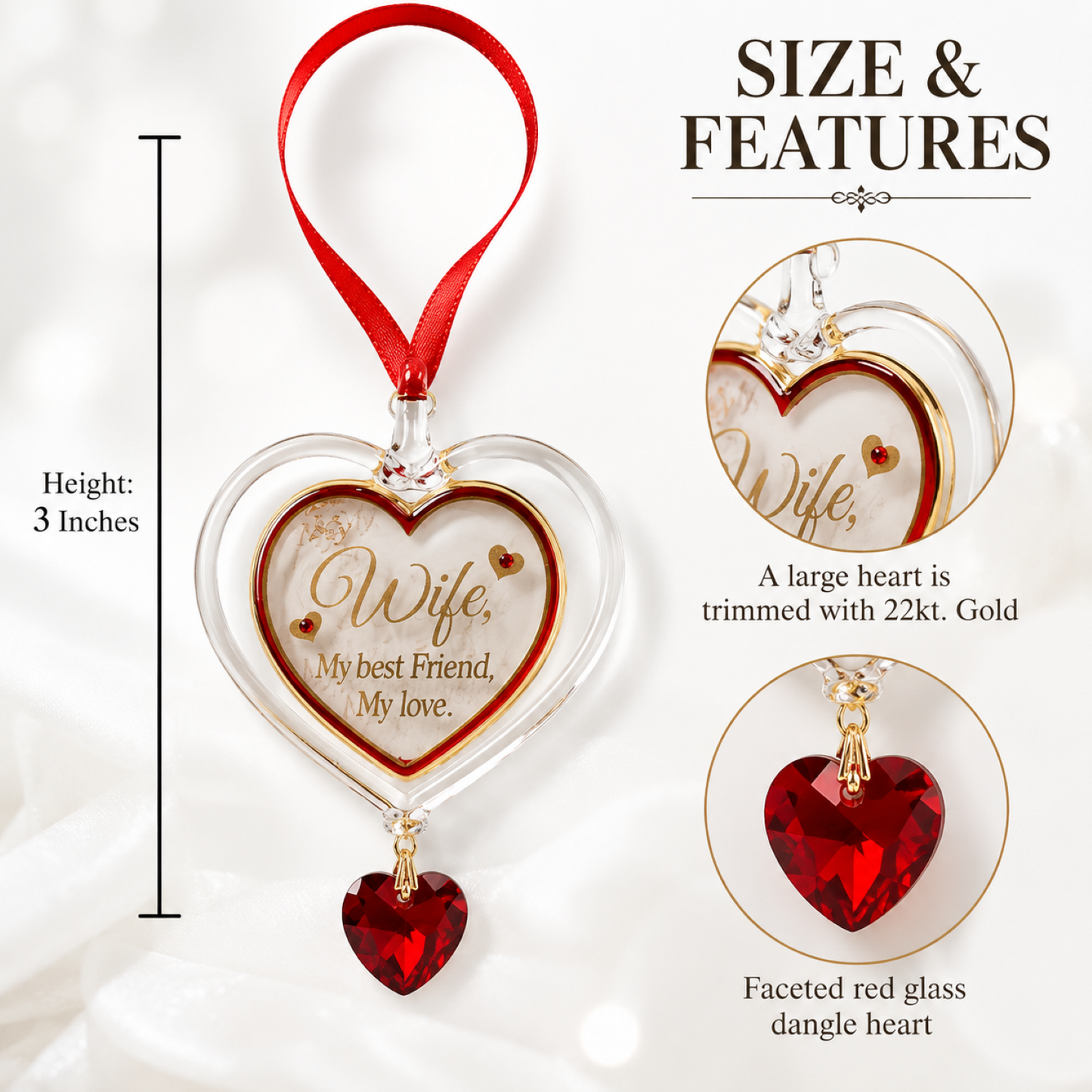 Wife Heart Glass Ornament – Wife Gift, Anniversary Gift for Wife, Romantic Heart Present