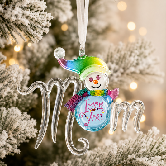 Handcrafted glass Mom snowman Christmas ornament with colorful hat and scarf, Love You design, and white hanging ribbon