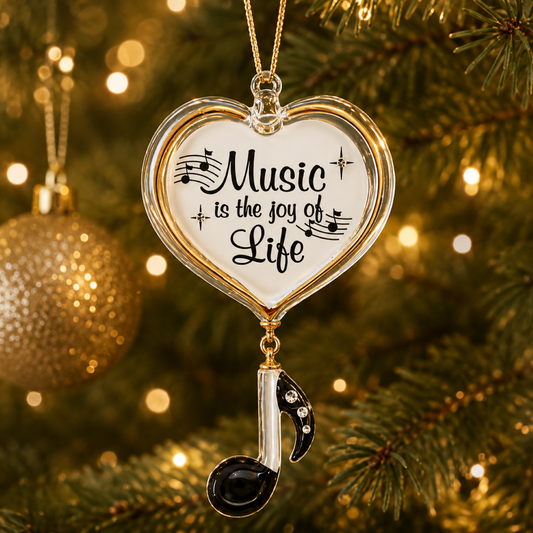 Handcrafted glass heart ornament with gold trim, hanging music note, crystal accents, and the message "Music is the Joy of Life."