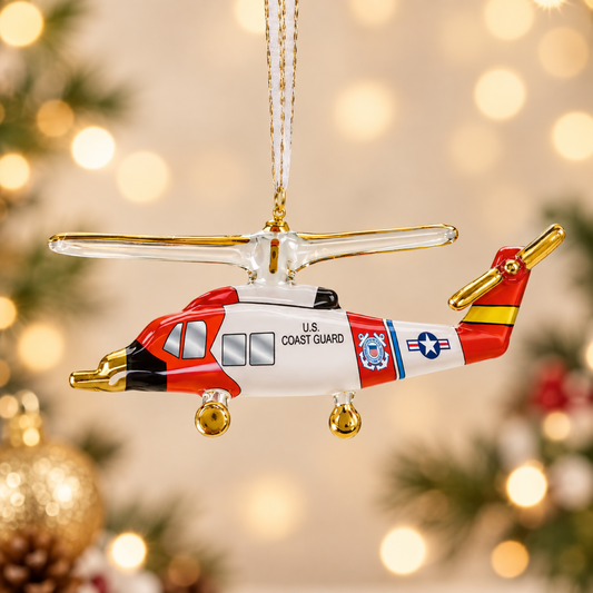 Handcrafted glass U.S. Coast Guard Jayhawk helicopter ornament with detailed aircraft design and hanging ribbon