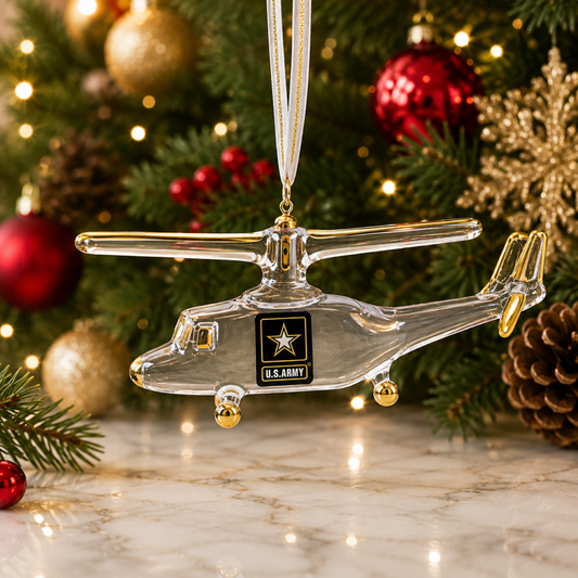 Official U.S. Army helicopter handcrafted glass Christmas ornament with U.S. Army emblem, Real 22Kt Gold accents, and gold hanging ribbon.