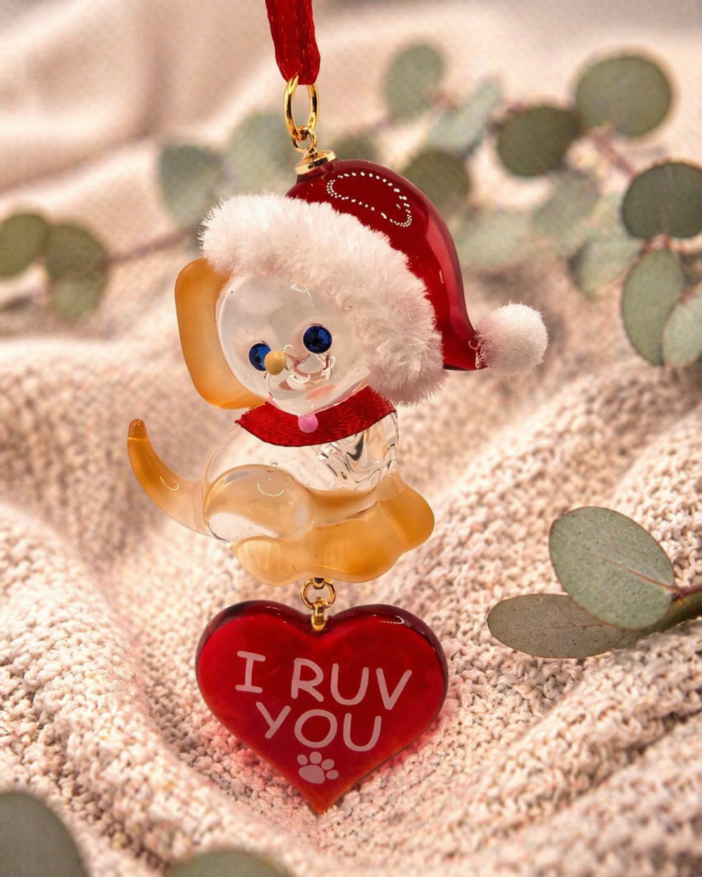 Dog Christmas Ornament I Ruv You Heart Glass Puppy Holiday Decor Pet Lover Gift Hanging Ornament