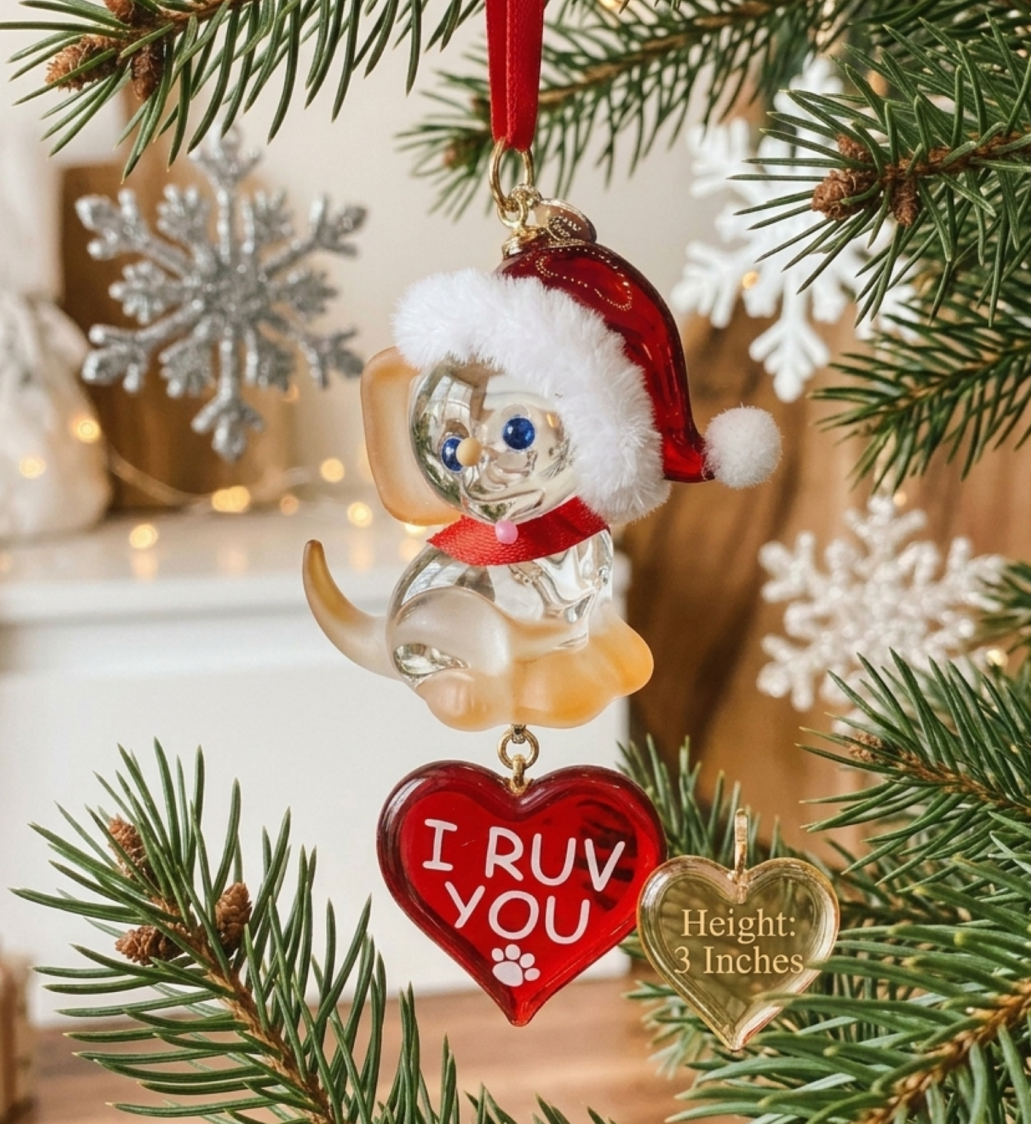Dog Christmas Ornament I Ruv You Heart Glass Puppy Holiday Decor Pet Lover Gift Hanging Ornament