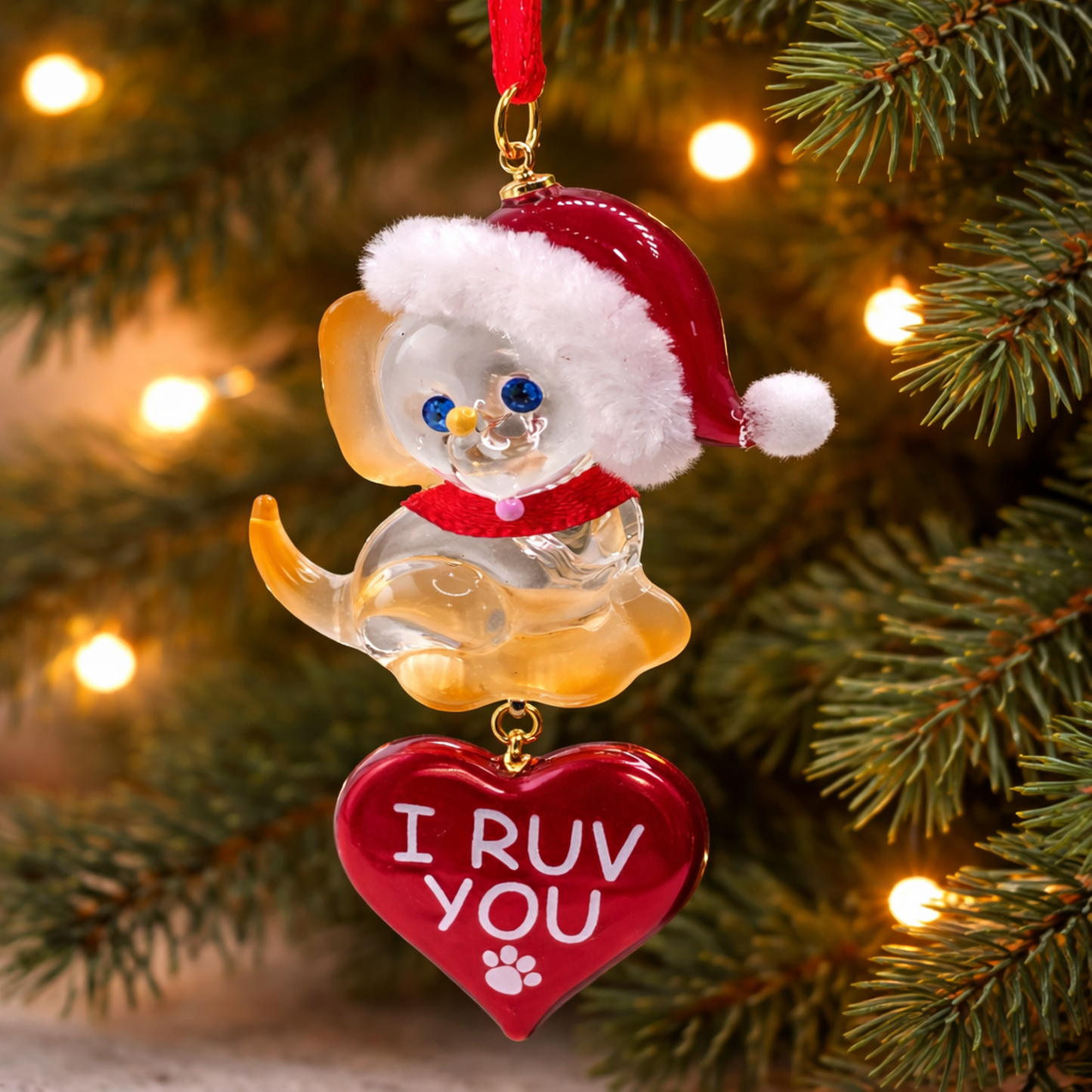 Dog Christmas Ornament I Ruv You Heart Glass Puppy Holiday Decor Pet Lover Gift Hanging Ornament