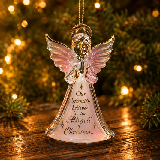 Handcrafted glass angel Christmas ornament with pink wings, genuine crystal accents, real 22Kt gold trim, and the message "Our Family believes in the Miracle of Christmas."