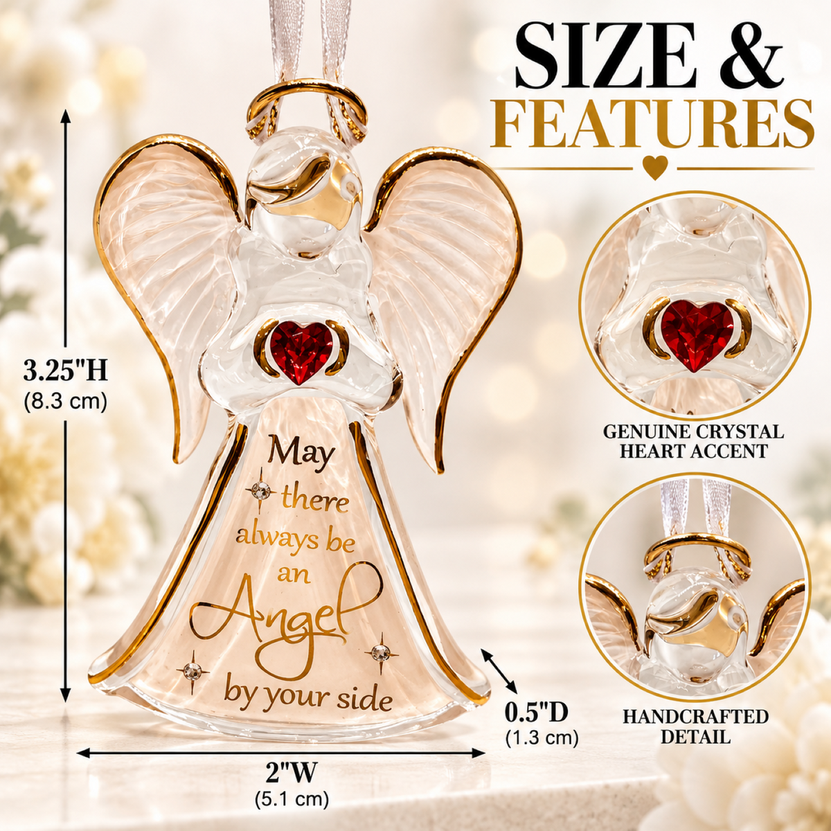 Angel Christmas Ornament – Glass Angel Ornament with Red Crystal Heart, Guardian Angel Gift, Memorial Christmas Ornament