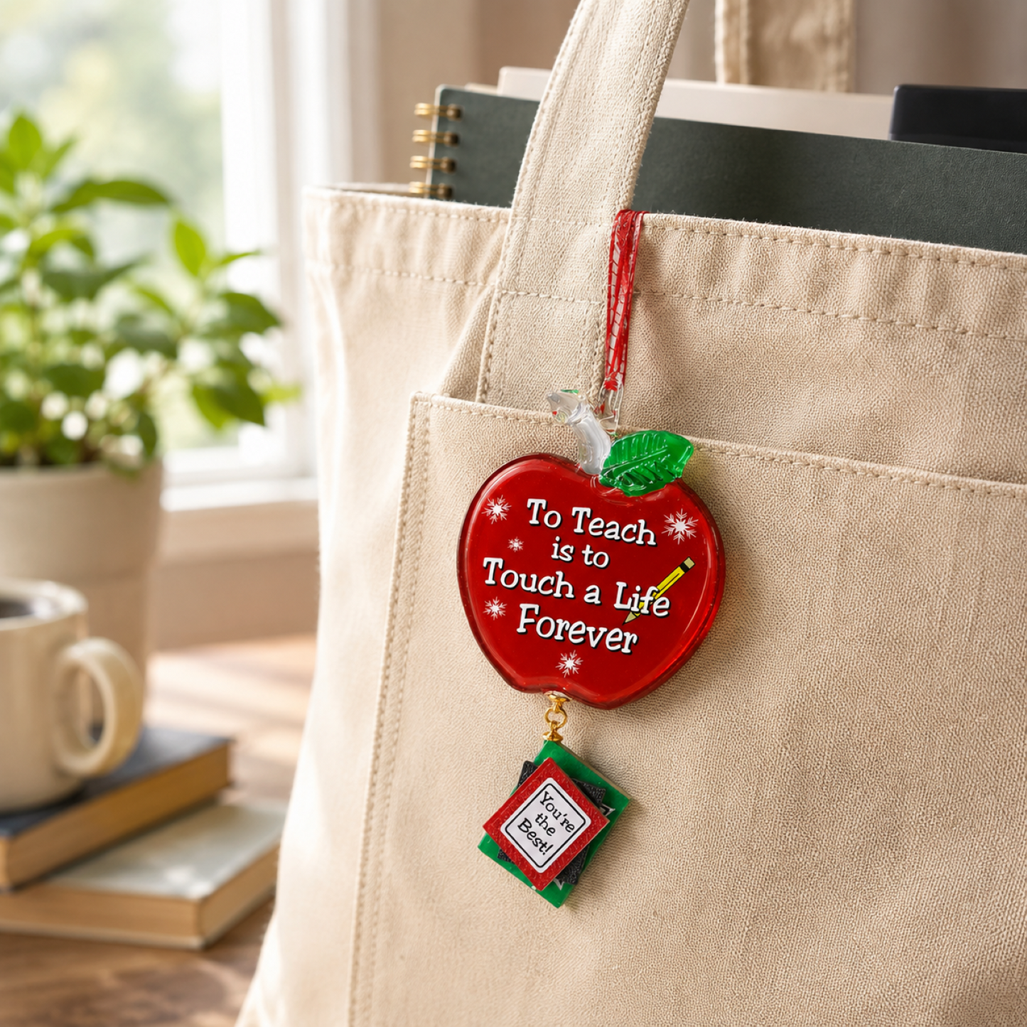 Handcrafted teacher glass ornament with the message "To Teach Is to Touch a Life Forever" hanging from a red ribbon.
