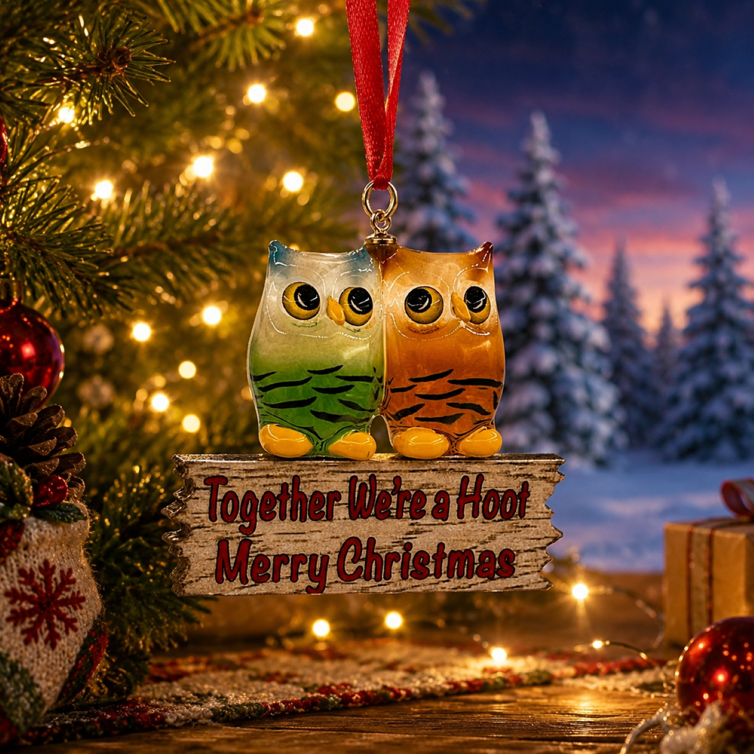 Handcrafted glass owl Christmas ornament featuring two colorful owls on a rustic sign with the message "Together We're a Hoot. Merry Christmas." hanging from a red ribbon.