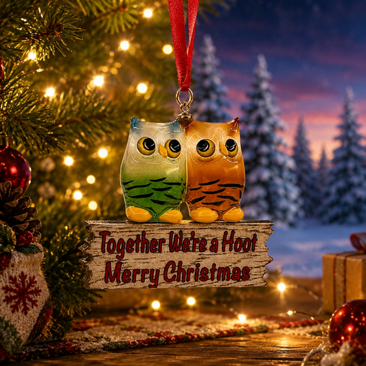 Handcrafted glass owl Christmas ornament featuring two colorful owls on a rustic sign with the message "Together We're a Hoot. Merry Christmas." hanging from a red ribbon.