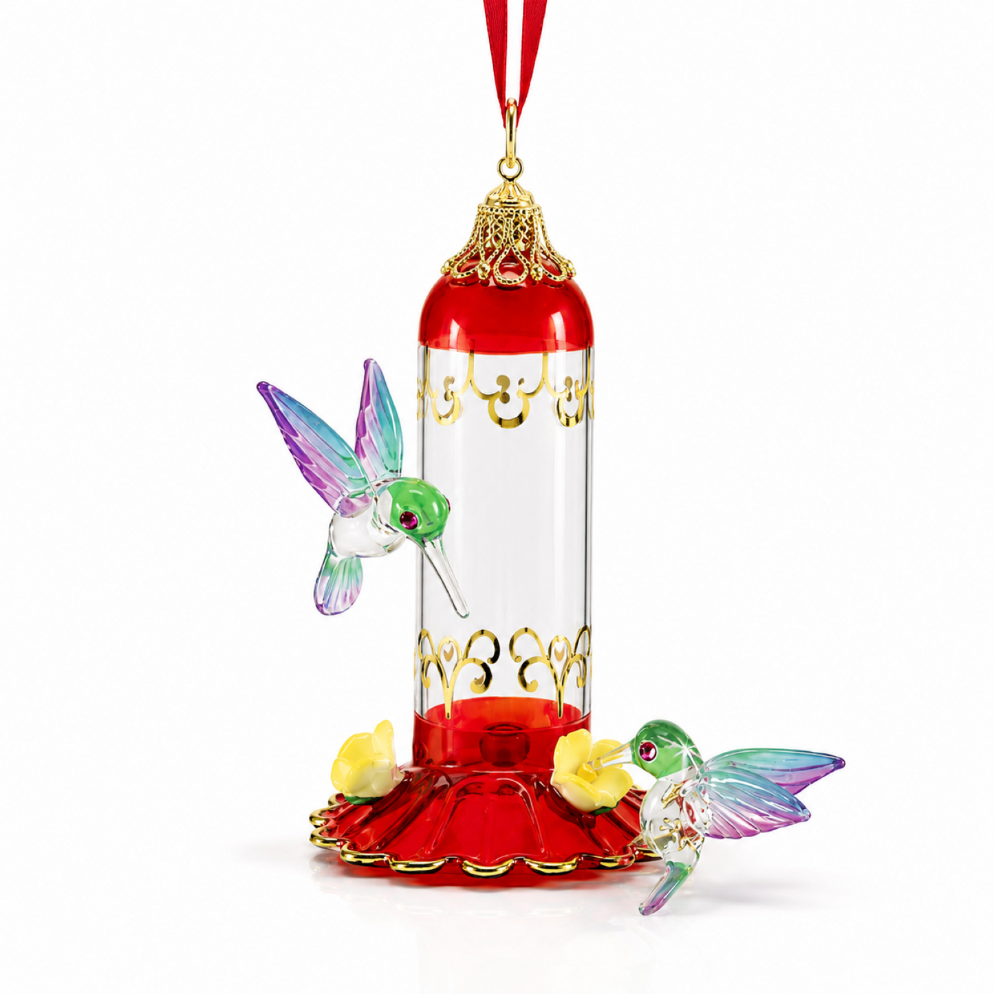 Hummingbird Glass Ornament with Feeder, Handcrafted Bird Decor, Crystal Accent Christmas Ornament, Nature Lover Gift