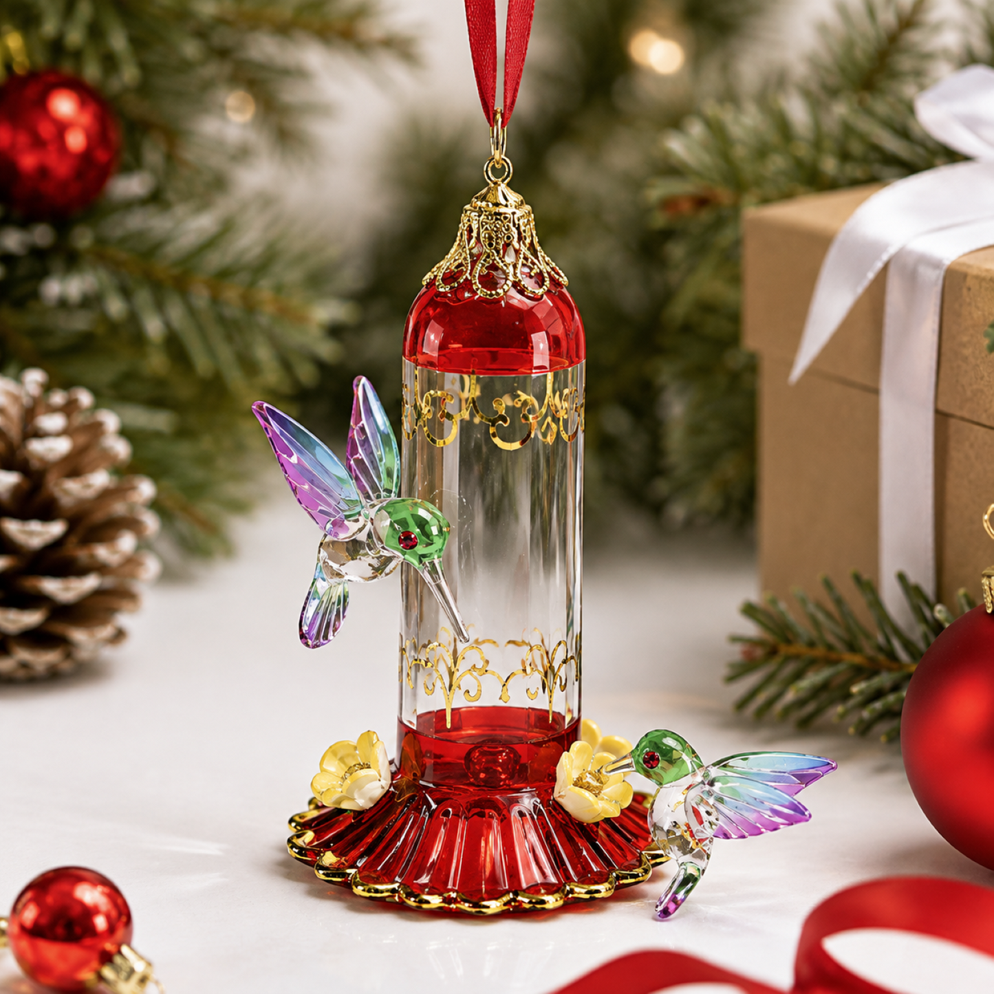Hummingbird Glass Ornament with Feeder, Handcrafted Bird Decor, Crystal Accent Christmas Ornament, Nature Lover Gift