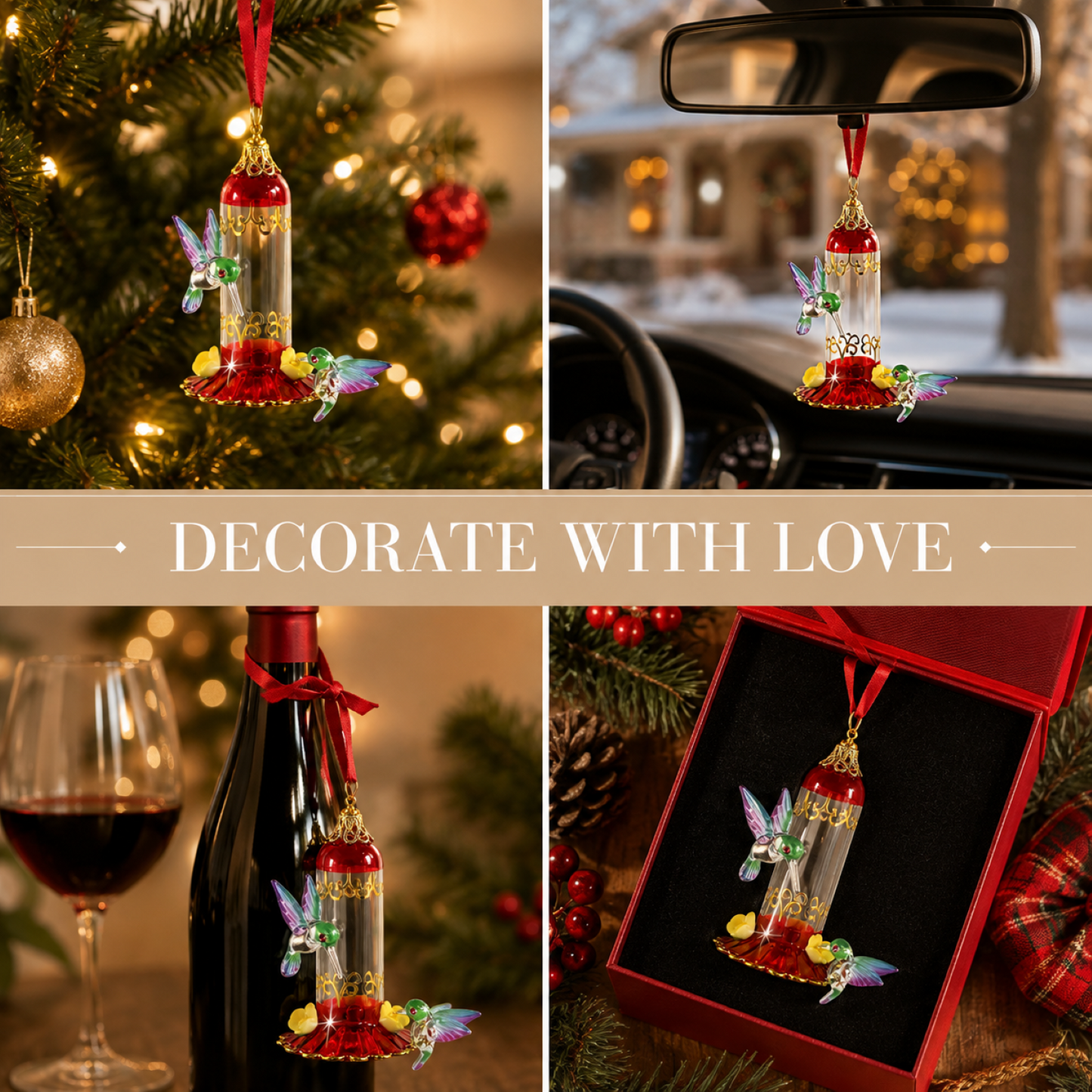 Hummingbird Glass Ornament with Feeder, Handcrafted Bird Decor, Crystal Accent Christmas Ornament, Nature Lover Gift