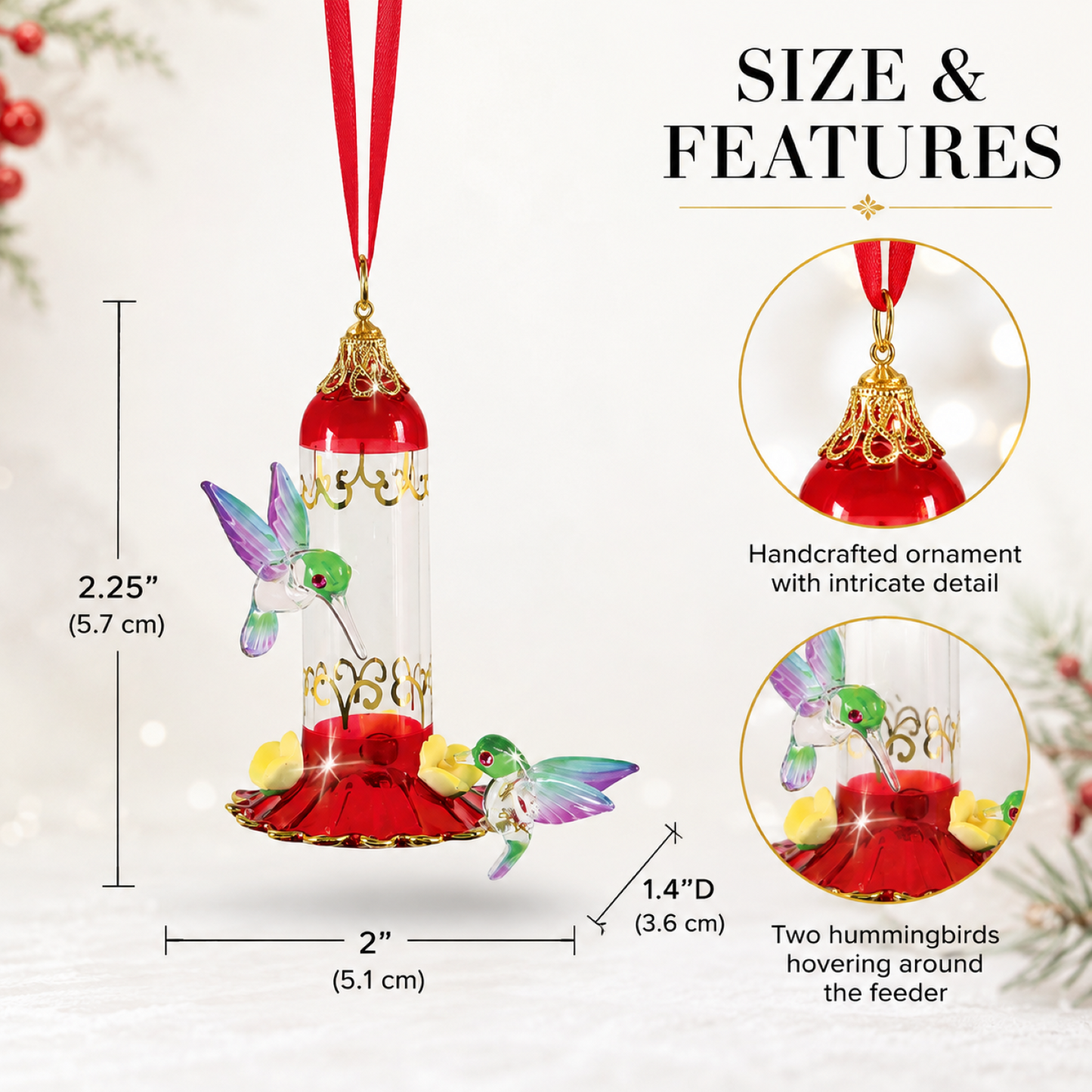 Hummingbird Glass Ornament with Feeder, Handcrafted Bird Decor, Crystal Accent Christmas Ornament, Nature Lover Gift