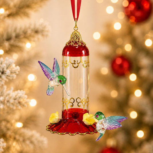Handcrafted glass ornament with two colorful hummingbirds hovering around a red and clear feeder, accented with Genuine Crystals and Real 22Kt Gold.
