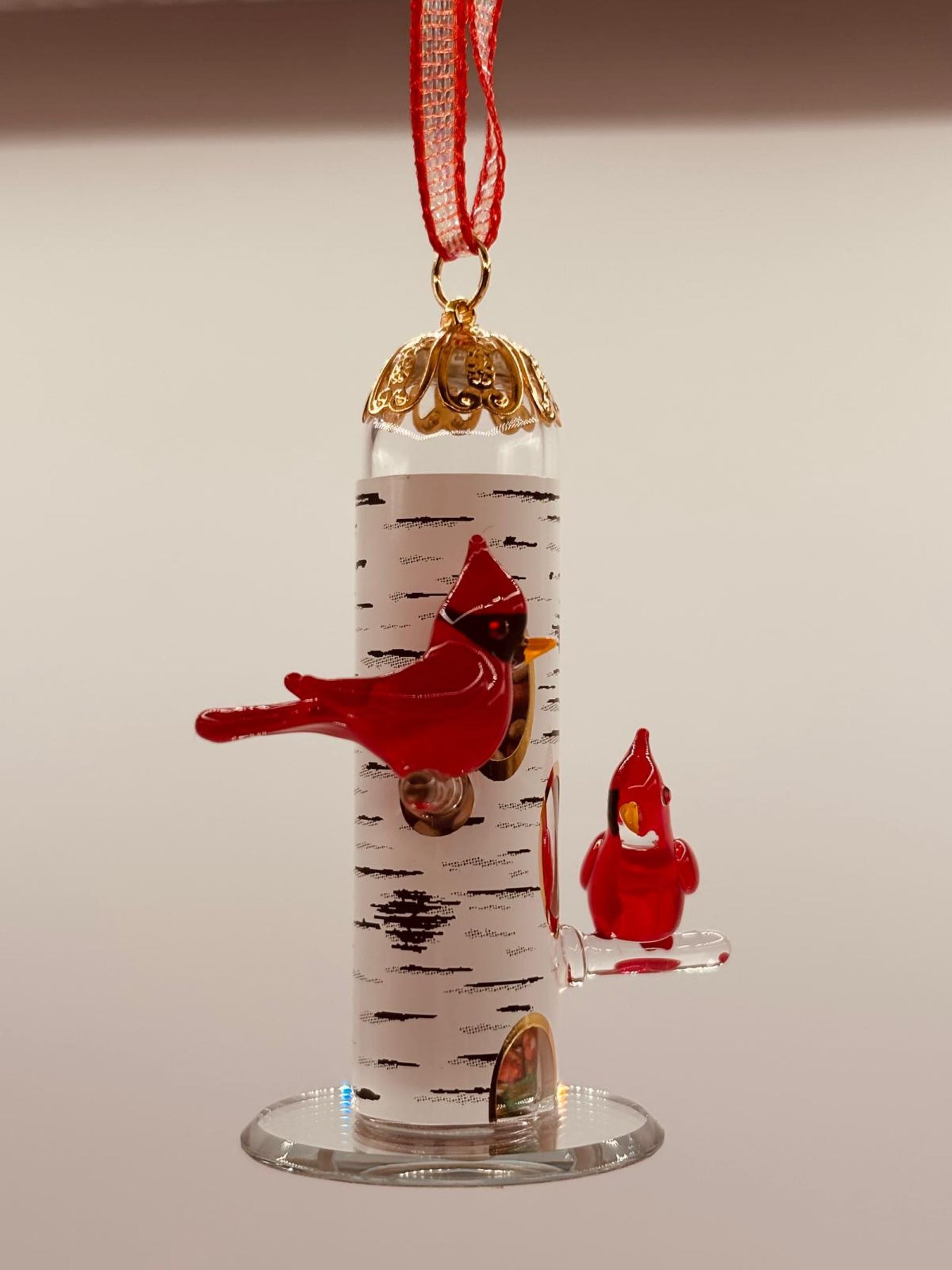 red cardinal bird feeder glass ornament hanging decor memorial cardinal keepsake with ribbon
