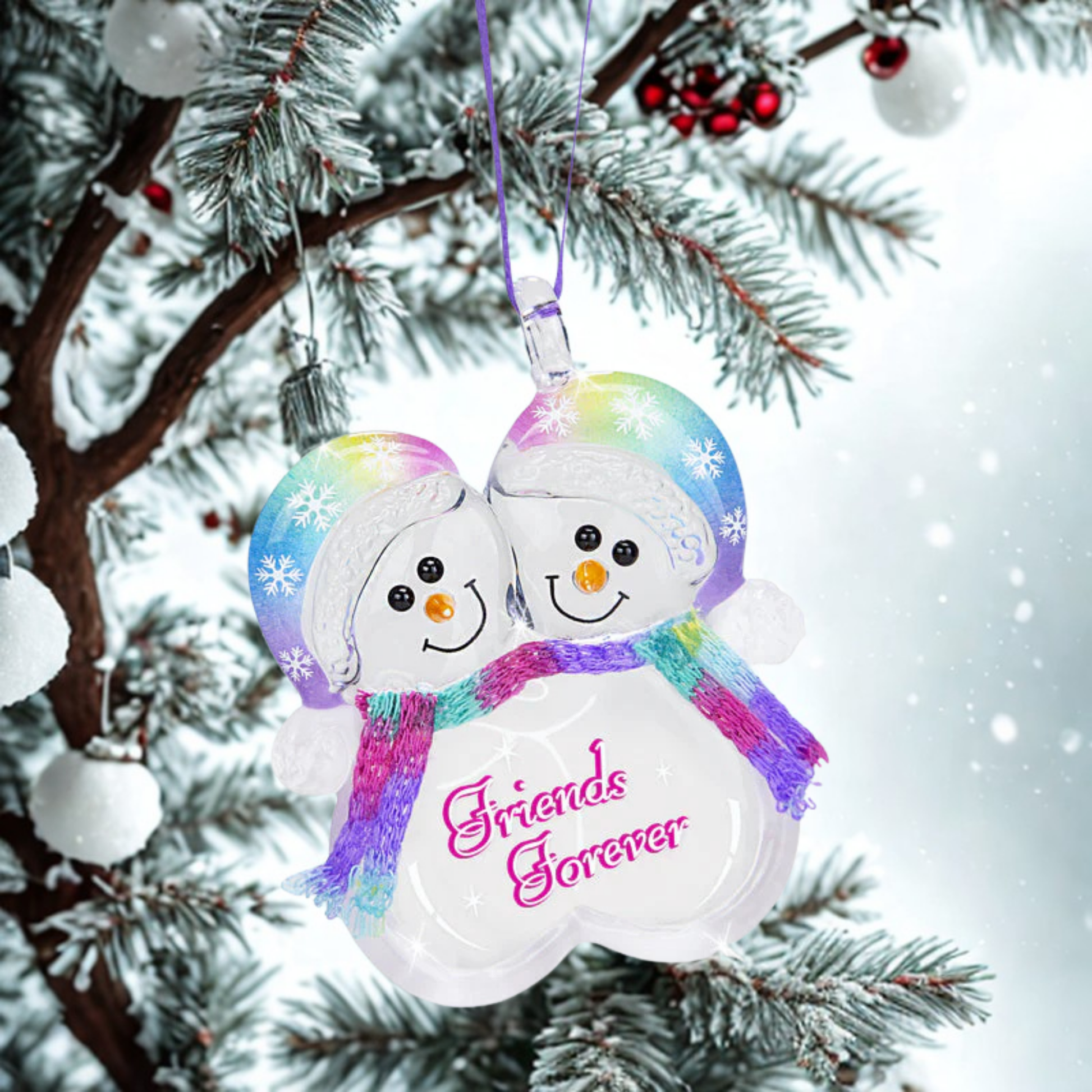 Handcrafted snowman friends ornament with “Friends Forever” message hanging from purple ribbon