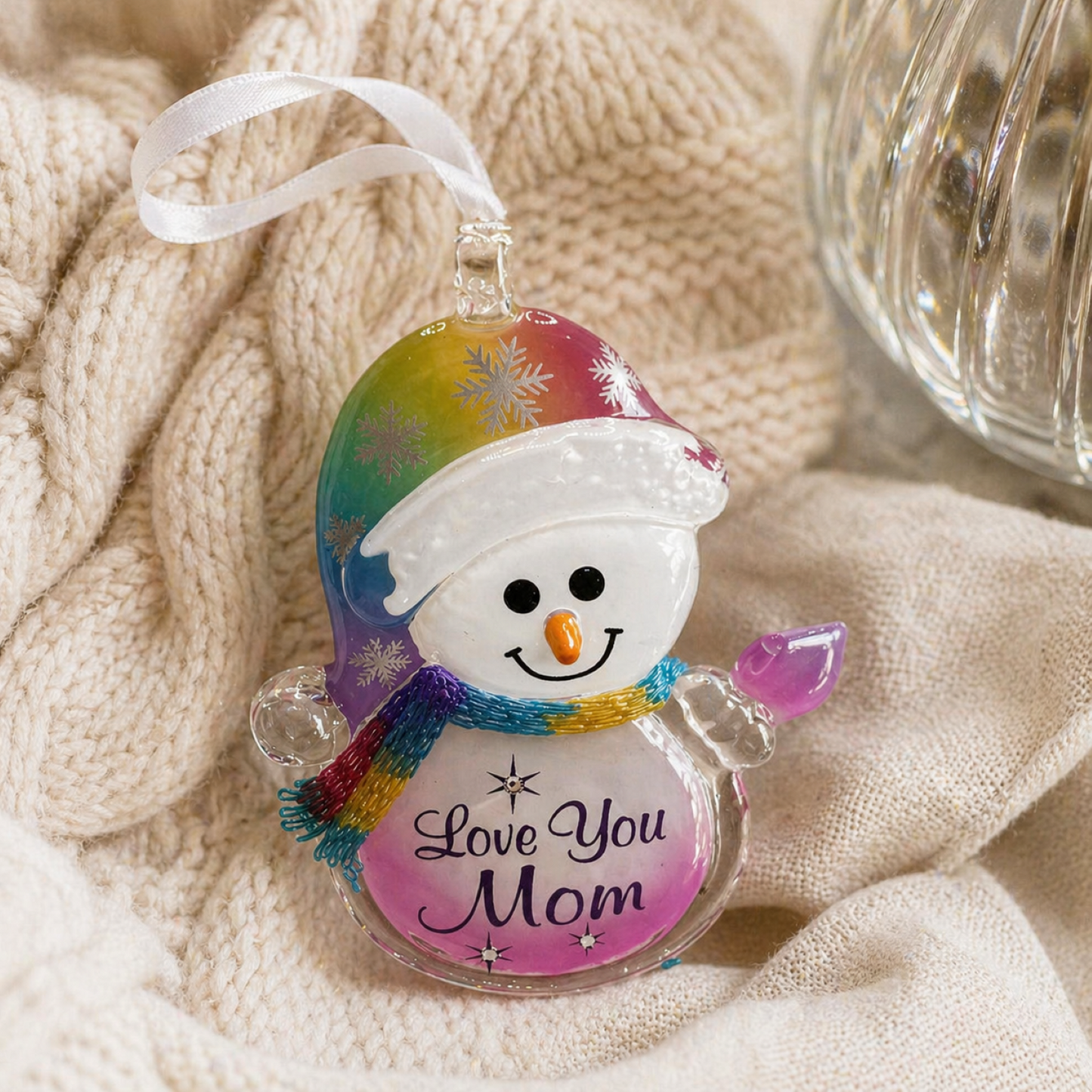 Love You Mom Snowman Ornament | Christmas Ornament | Handcrafted Glass Decor