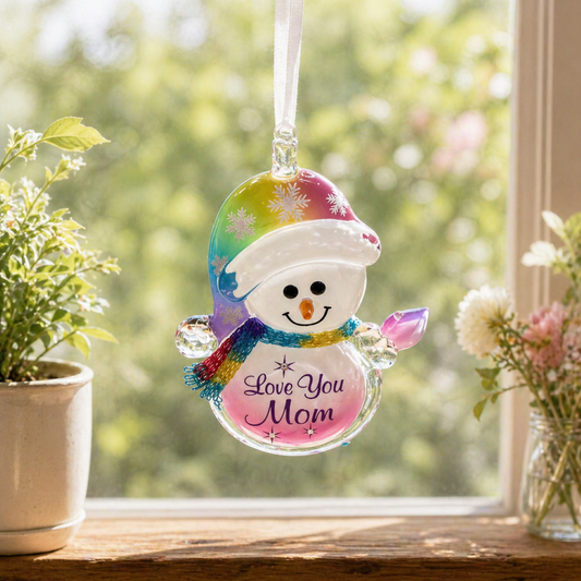 Handcrafted snowman Christmas ornament with rainbow hat and scarf Love You Mom message hanging on white ribbon