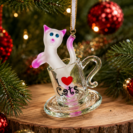 Handcrafted glass cat figurine with pink and white frosted details, blue crystal eyes, and “I Love Cats” message on a clear glass base.