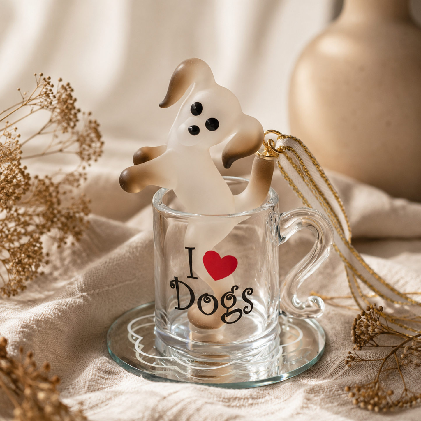 Dog Lover Ornament Gift | Glass Dog in Coffee Mug Collectible Decor