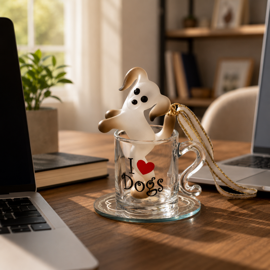 Handcrafted white and brown glass dog figurine sitting inside a coffee mug with I Love Dogs sentiment on a beveled mirror base.