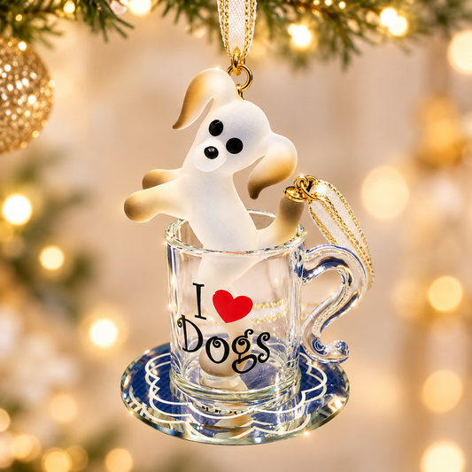 Dog Ornament, Pup in a Cup Glass Figurine, Puppy Christmas Ornament, Dog Lover Gift, Dog Decor