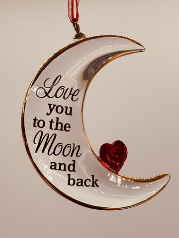 Handcrafted crescent moon figurine with Love You to the Moon message