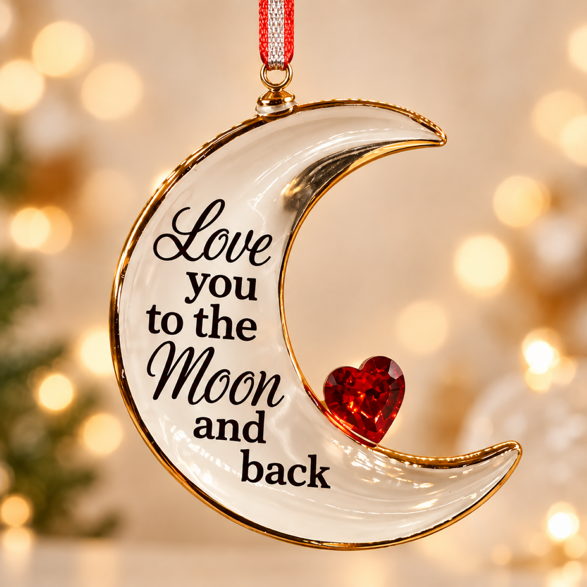 Handcrafted glass crescent moon ornament with red heart, Genuine Crystals, Real 22Kt Gold and Love You to the Moon and Back message