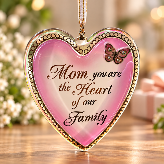 Handcrafted pink glass heart ornament for Mom with Heart of Our Family message and butterfly accent